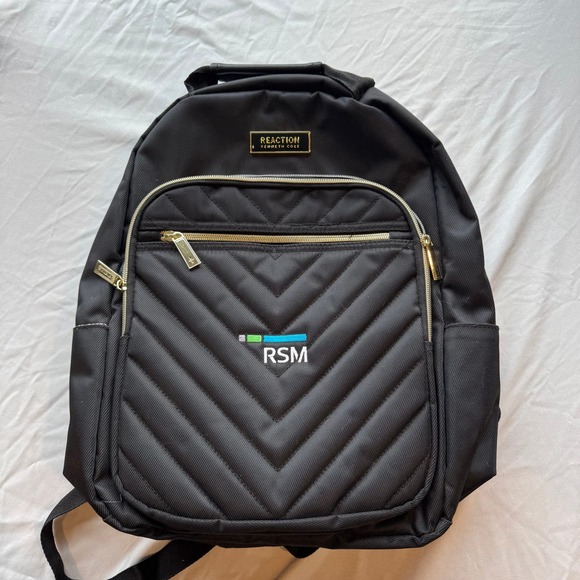Reaction Kenneth Cole Black Quilted Backpack Gold Accent RSM Logo - Picture 1 of 5